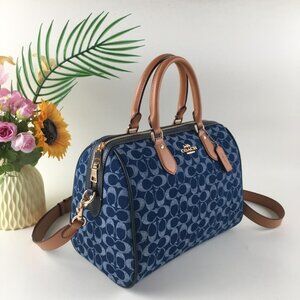 COACH CY699 Rowan Large Satchel Bag Signature Canvas Blue Brown NWT